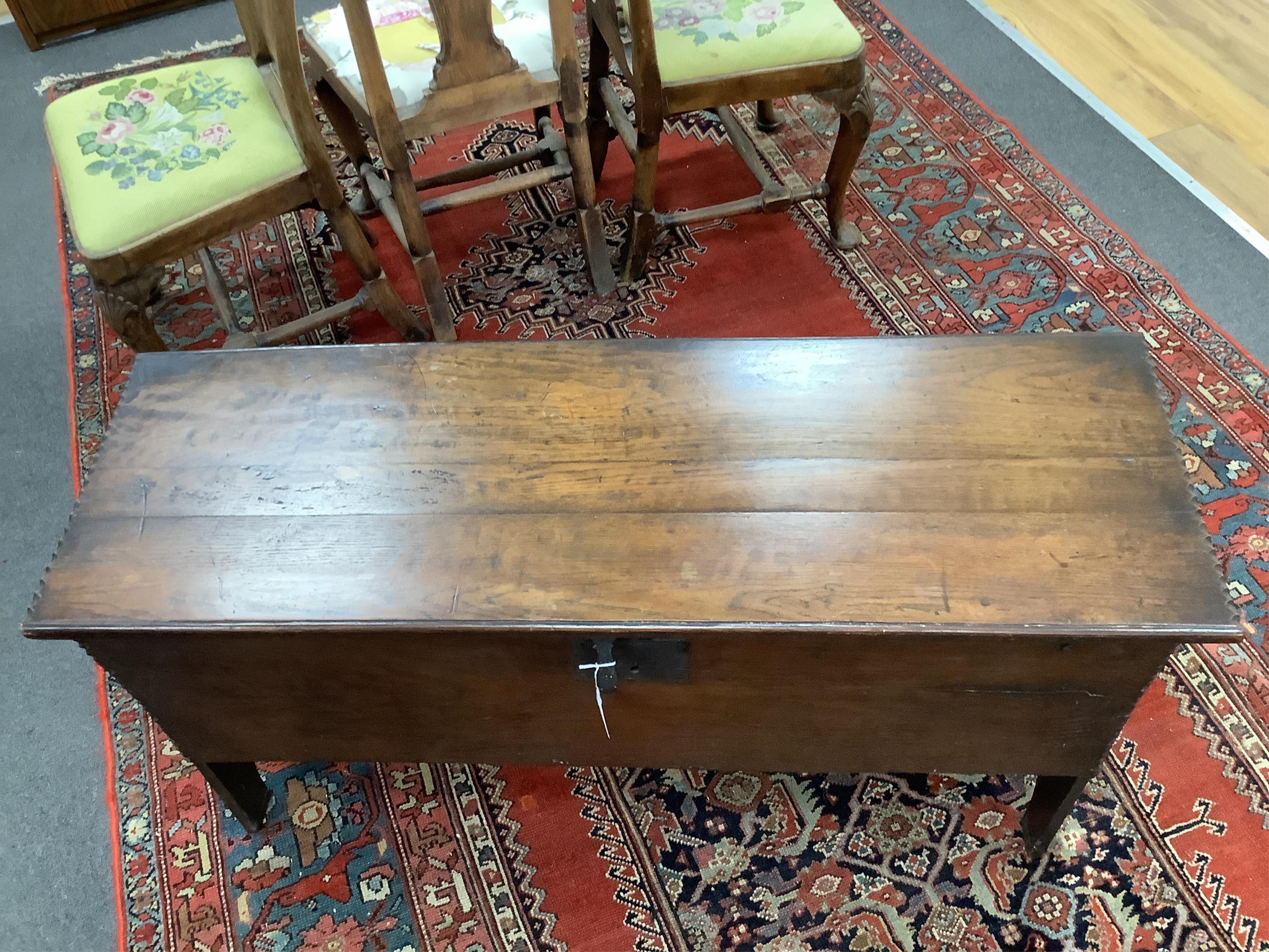 An 18th century oak six plank coffer, width 109cm, depth 37cm, height 61cm. Condition - fair